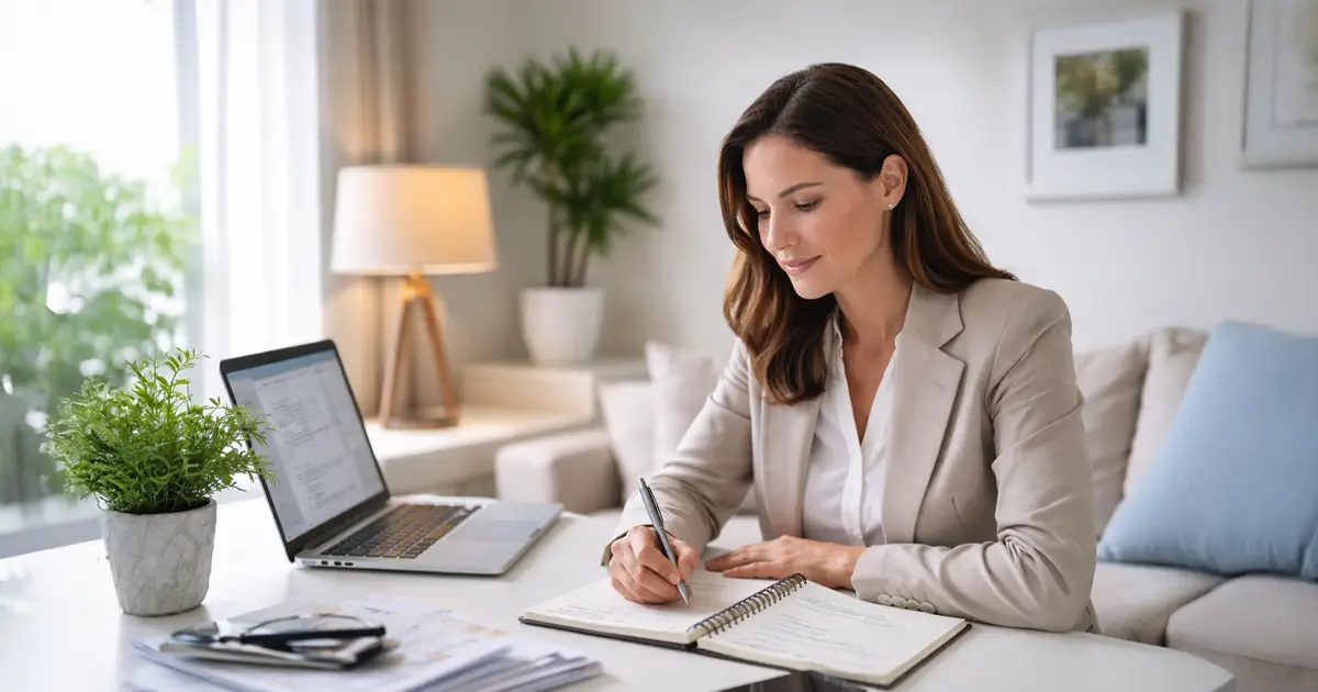 Toplantı öncesi hazırlık yapan tercüman home office ortamında